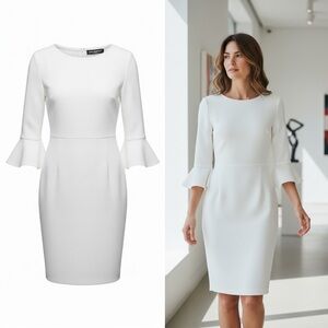 Karl Lagerfeld White Midi Sheath Dress with Ruffle Sleeves